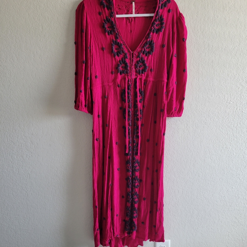 Free people embroidered boho maxi dress hot pink waist draw string size S - Picture 5 of 9